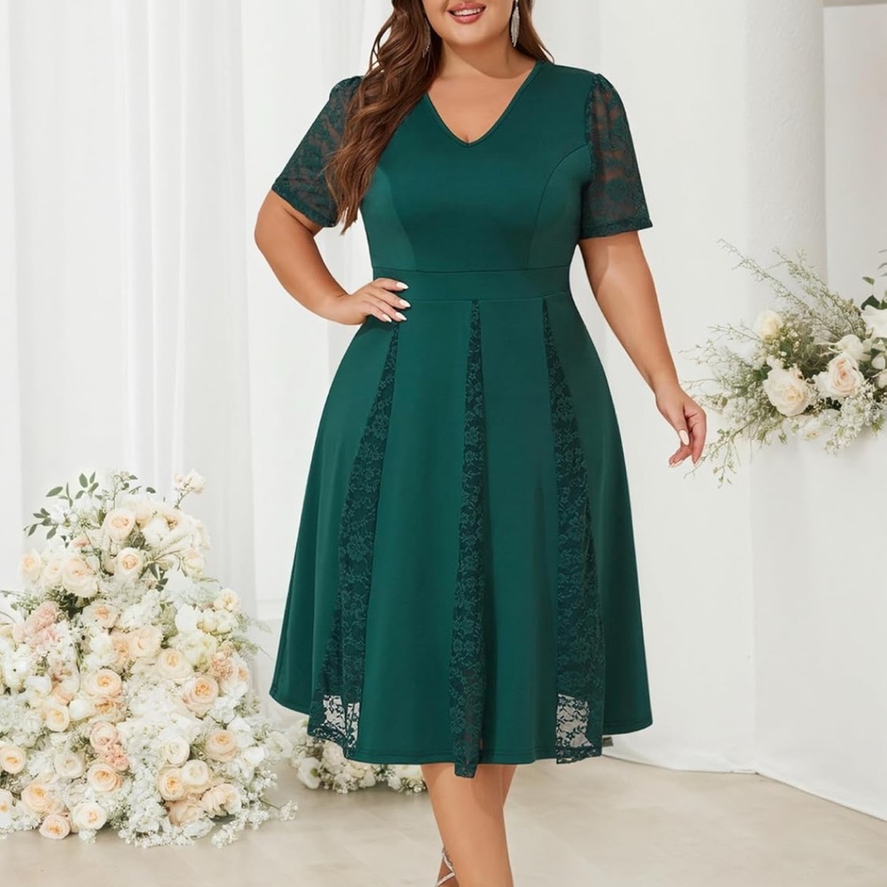 Chic Forest Green Midi Dress with Lace Accents